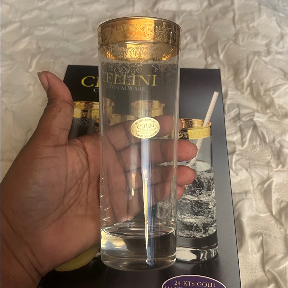 Cellini 24K Gold Rim and Etched Tall Highball Glass Set - (Set of 4) - Picture 3 of 5